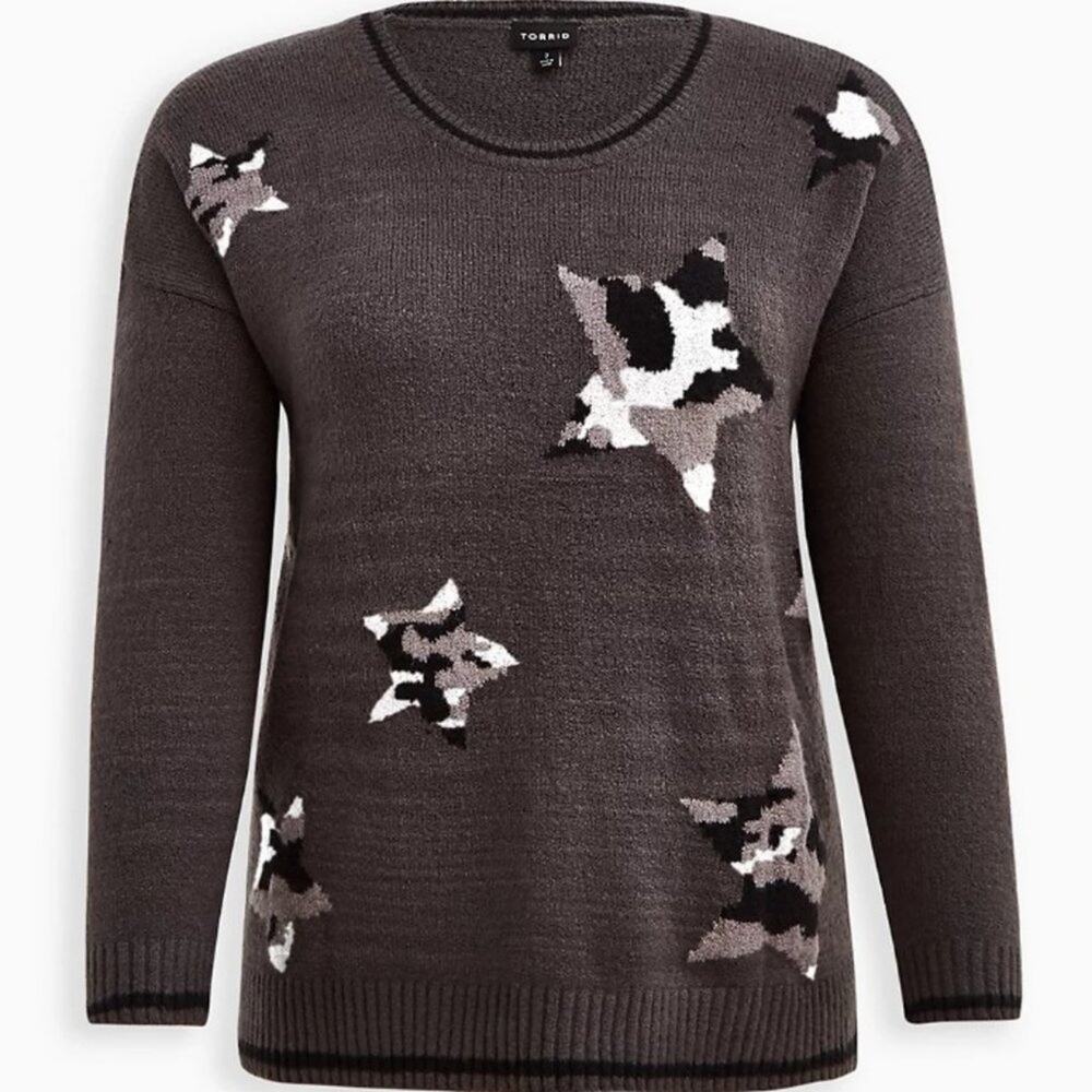 NWT TORRID Charcoal Grey Camo Print Star Knit Pullover Sweater